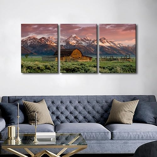 Miniatura 3 de Wyoming, Estados Unidos - Cuadros de pared para sala de estar, pintura sobre lienzo, 3 piezas, arte de pared de granero, montañas rocosas,