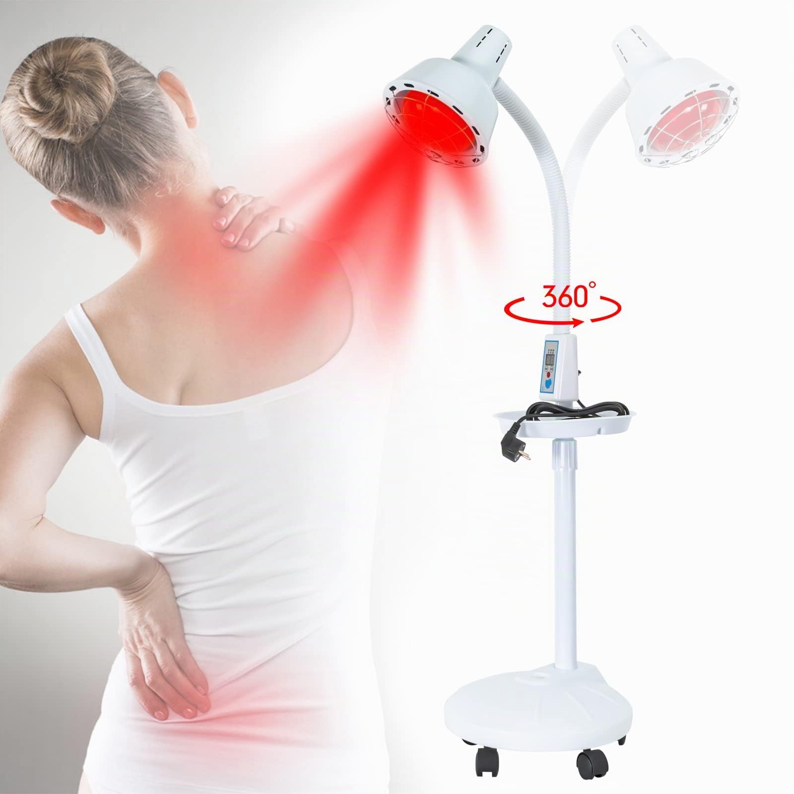 Lampe infrarouge 275 W - Lampe chauffante avec minuterie et 5 roues universelles - Rotation à 360° - Lampe thérapeutique - Lumière rouge - 8-70 °C - Température réglable pour le dos, les