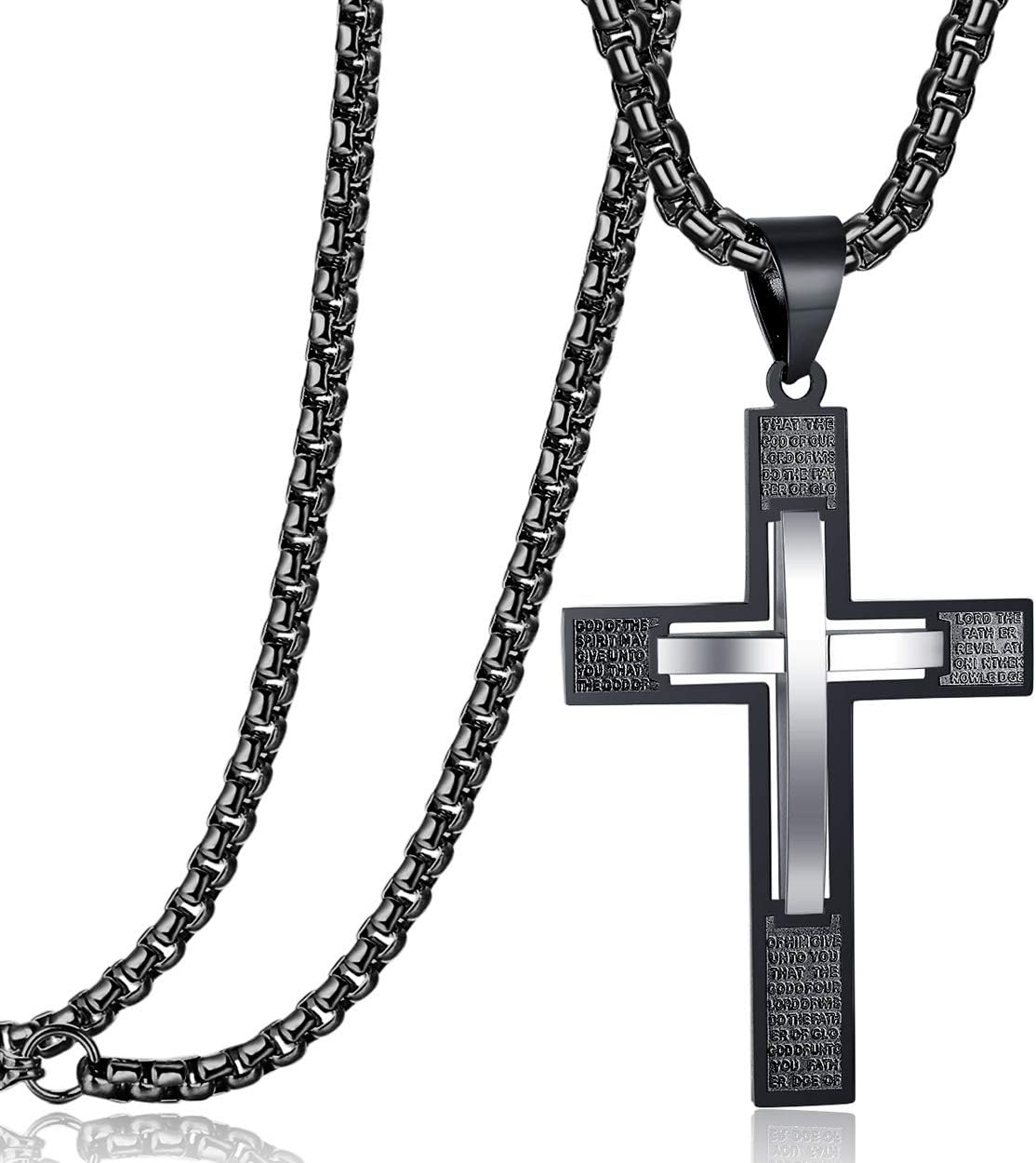 Rehoboth Stainless Steel Cross Pendant Necklaces Bible Verse Proverbs 4:23 Pendant for Men or Women Chain 24 Inch Black Gold Silver