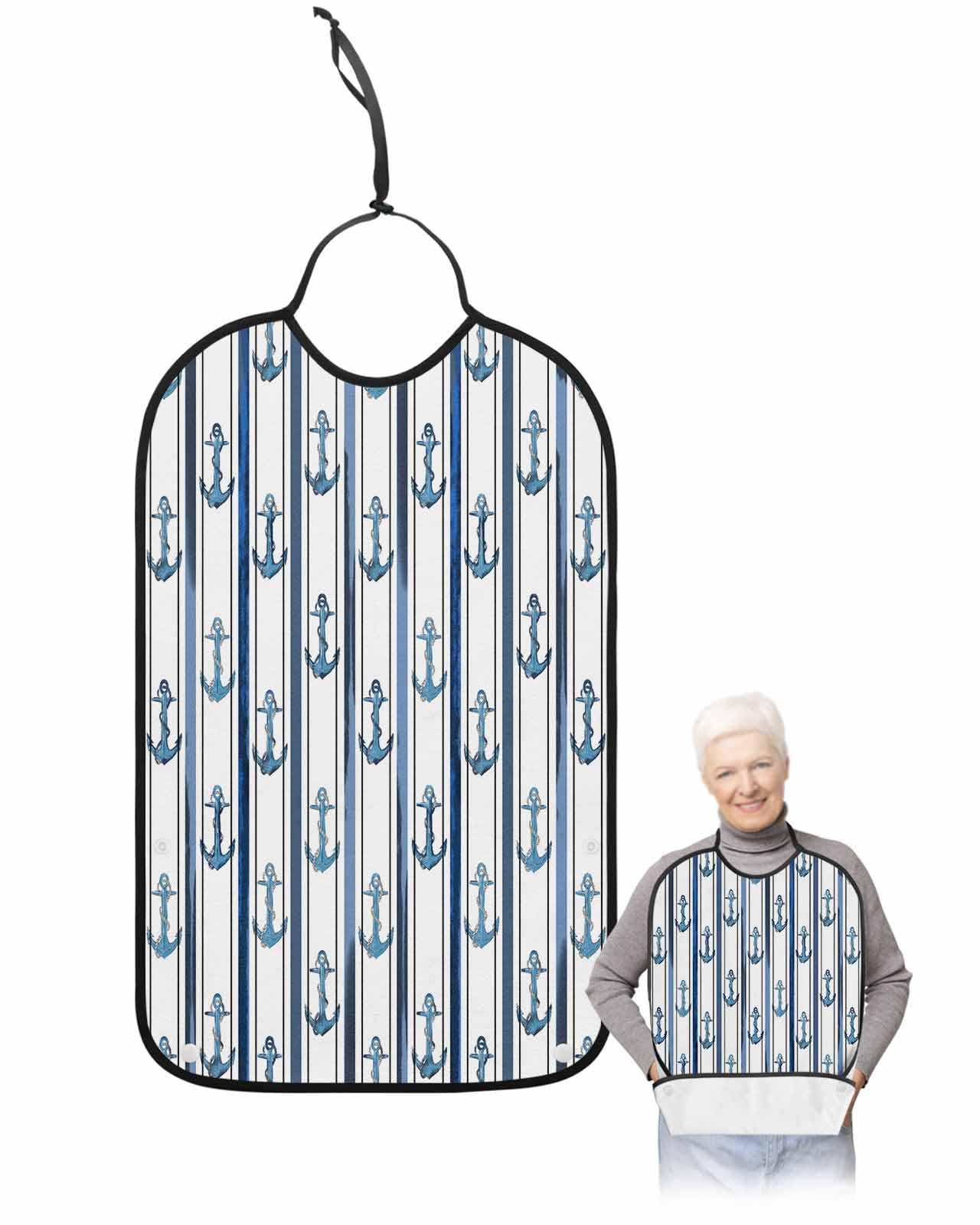 LEOKOTI Navy Blue Anchor Nautical Adult Bibs for Eating, Waterproof Bibs with Food Catcher & Adjustable Snap Closure, Coastal Ocean Blue Striped Washable Clothing Protectors Adult Bibs for Elderly