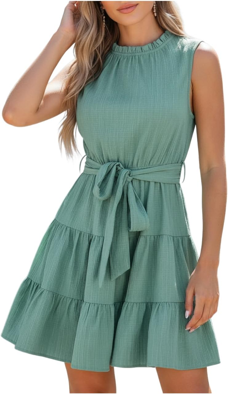CUPSHE Women's Summer Mini Dress Tie Waist Belted Sleeveless Ruffled Round Neck A Line Swing Short Dress