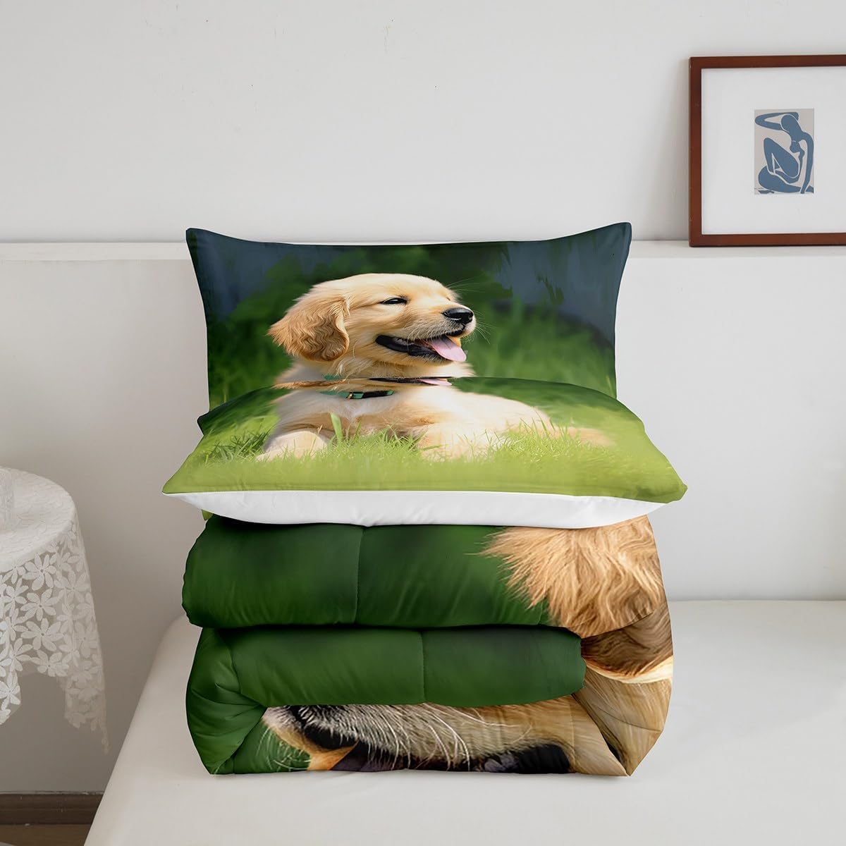 Erosebridal Golden Retriever Down Comforter, Pet Puppy Dog on The Grass Pattern Print Bedding Set Dog Lover Comforter Set, Animal Decorative 2 Piece Bedding Set with 1 Pillow Sham, Twin Size