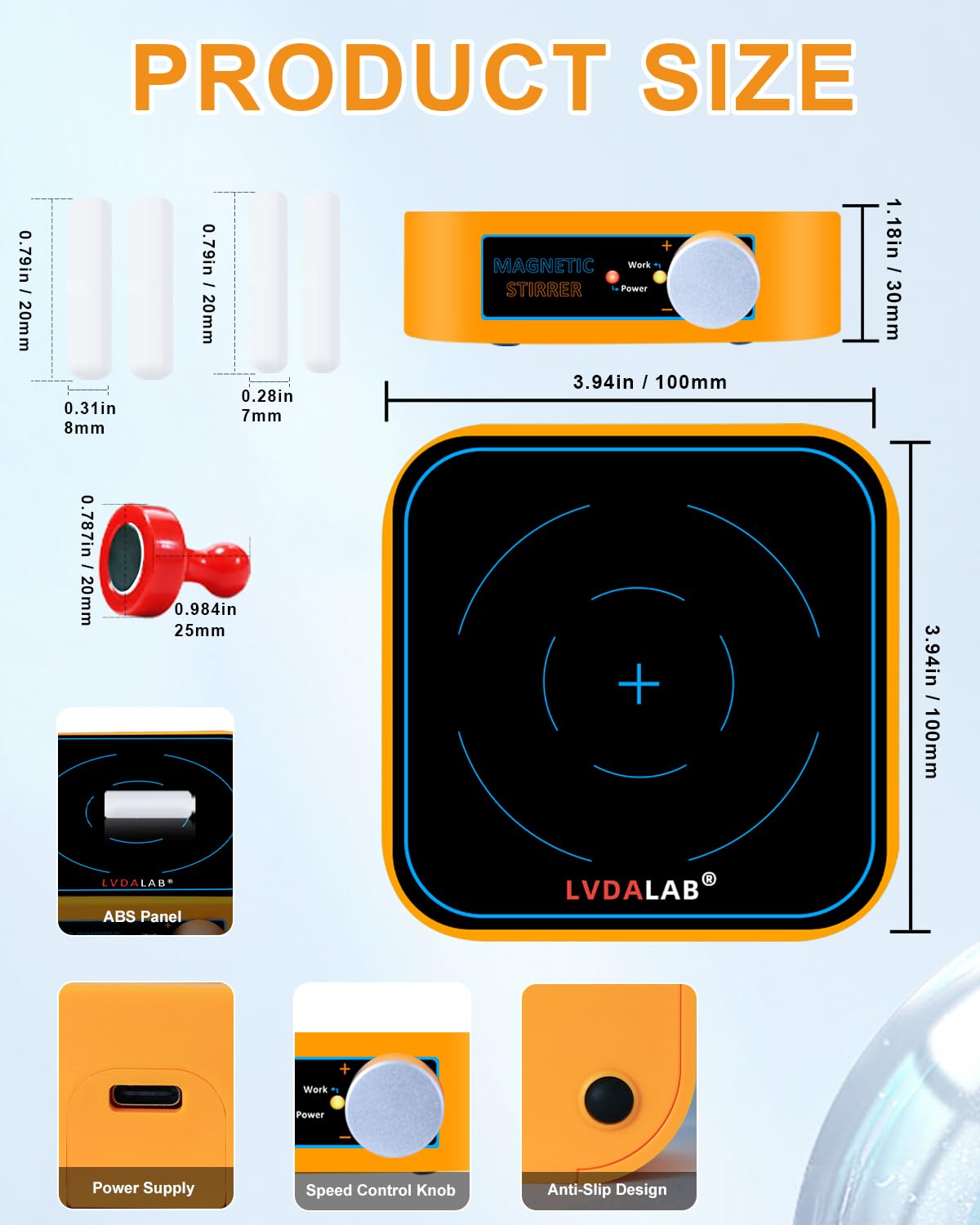 Rechargeable Magnetic Stir Plate, LVDALAB 3000RPM Mini Electric Magnetic Stirrer, 3000ml Lab Stirrers for Low Viscosity Liquid, No Heating, Adjustable Speed, 4 Stir Bars 1Retriever Included - Yellow