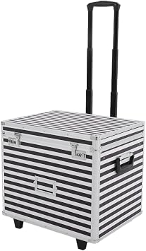 Lockable Mobile Rolling File Box with Pull Handle Portable Rolling Case File Cabinet Organizer Fireproof Document Box for Hanging Letter/Legal Folders Black+Silver
