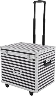 Lockable Mobile Rolling File Box with Pull Handle Portable Rolling Case File Cabinet Organizer Fireproof Document Box for Hanging Letter/Legal Folders (Black+Silver)