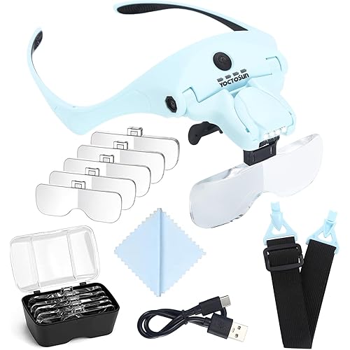 YOCTOSUN Magnifying Glasses with Light for Close Work, Head Magnifier with 4 LED Lights and 5 Detachable Lenses 1X to 3.5X,Rechargeable Hands Free Headband Magnifier Glasses for Crafts, Hobby