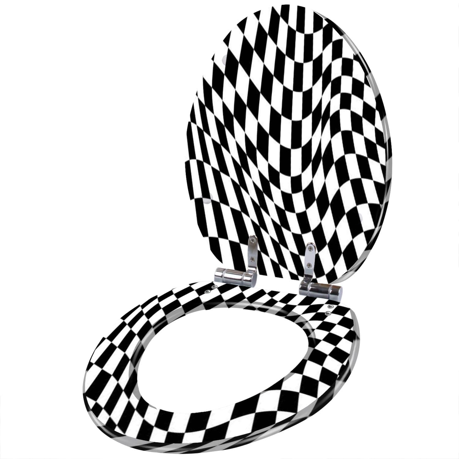 3D Psychedelic pattern warped black white squares Distorted flag Resin Elongated Toilet Seat with Cover Quiet Close Quick Release Hinges Decorative Toilet Seat Easy to Clean Install Home Decor