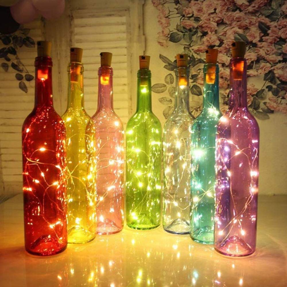Aistuo 15 luci a LED per bottiglia di vino, con 50 batterie, 20 LED, 2 m, filo di rame, con filo di rame, per decorazioni fai da te, Natale, feste, luci d'atmosfera