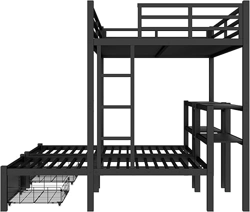 Miniatura 24 de Litera en forma de L individual sobre cama matrimonial adjunta, litera triple de metal con escritorio y tobogán integrados, marco de literas de