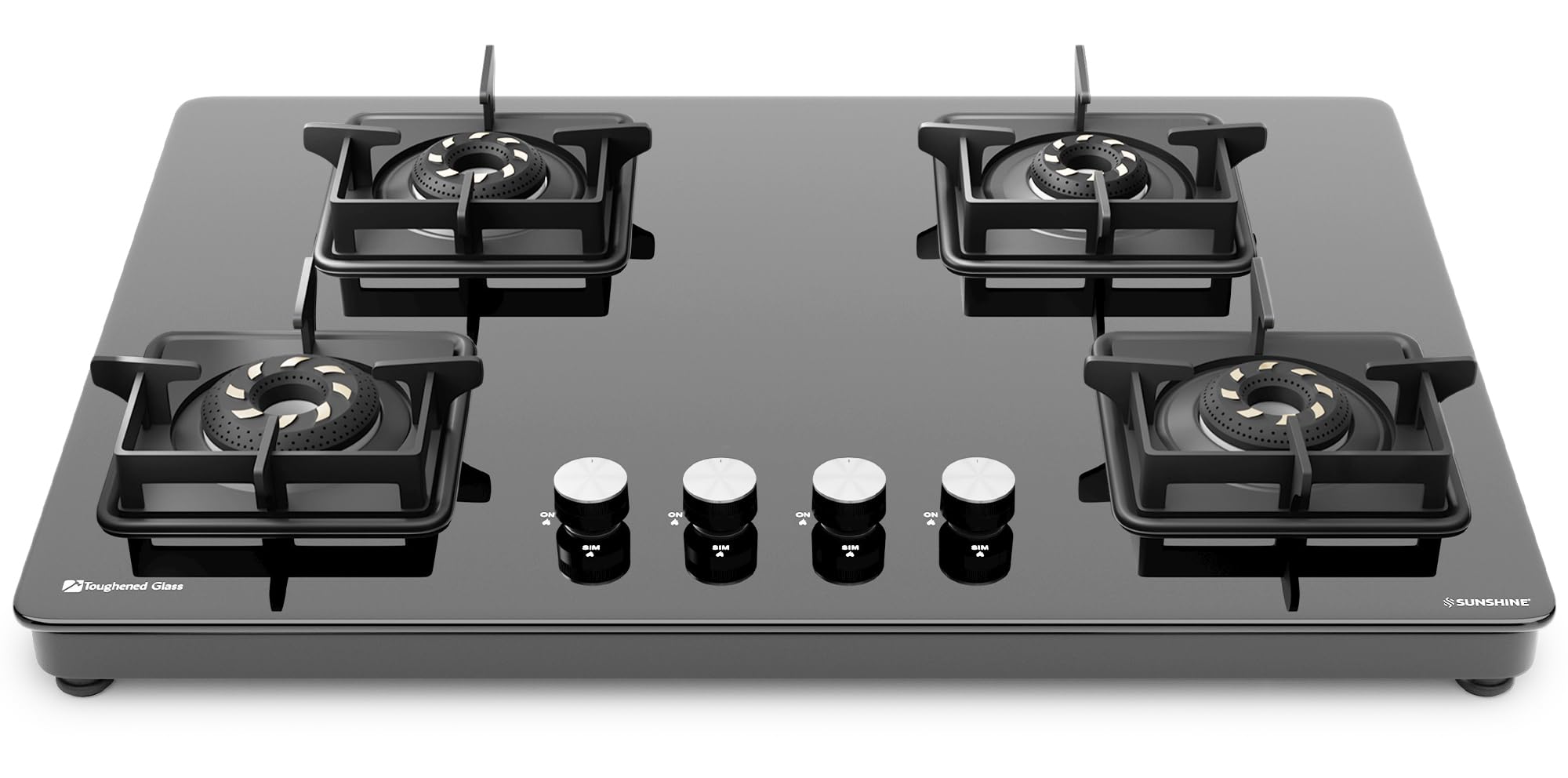 Sunshine Magnite 4 Burner | Slimmest 4 Burner Glass Gas Stove | Hob Top Cooktop | Tempered Glass, 360° Rotating Brass Gas Nozzle | Manual Ignition | LPG Ready & PNG Compatible (Premium - Black)