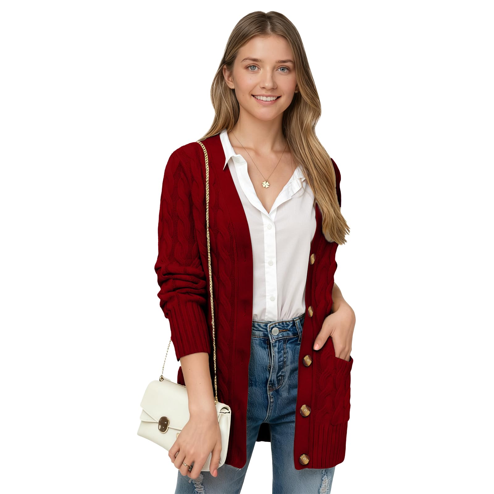 Womens Cable Knit Cardigan - Open Front Button Up Sweater with Pockets Chunky Cardigan for Winter Womens Cardigan