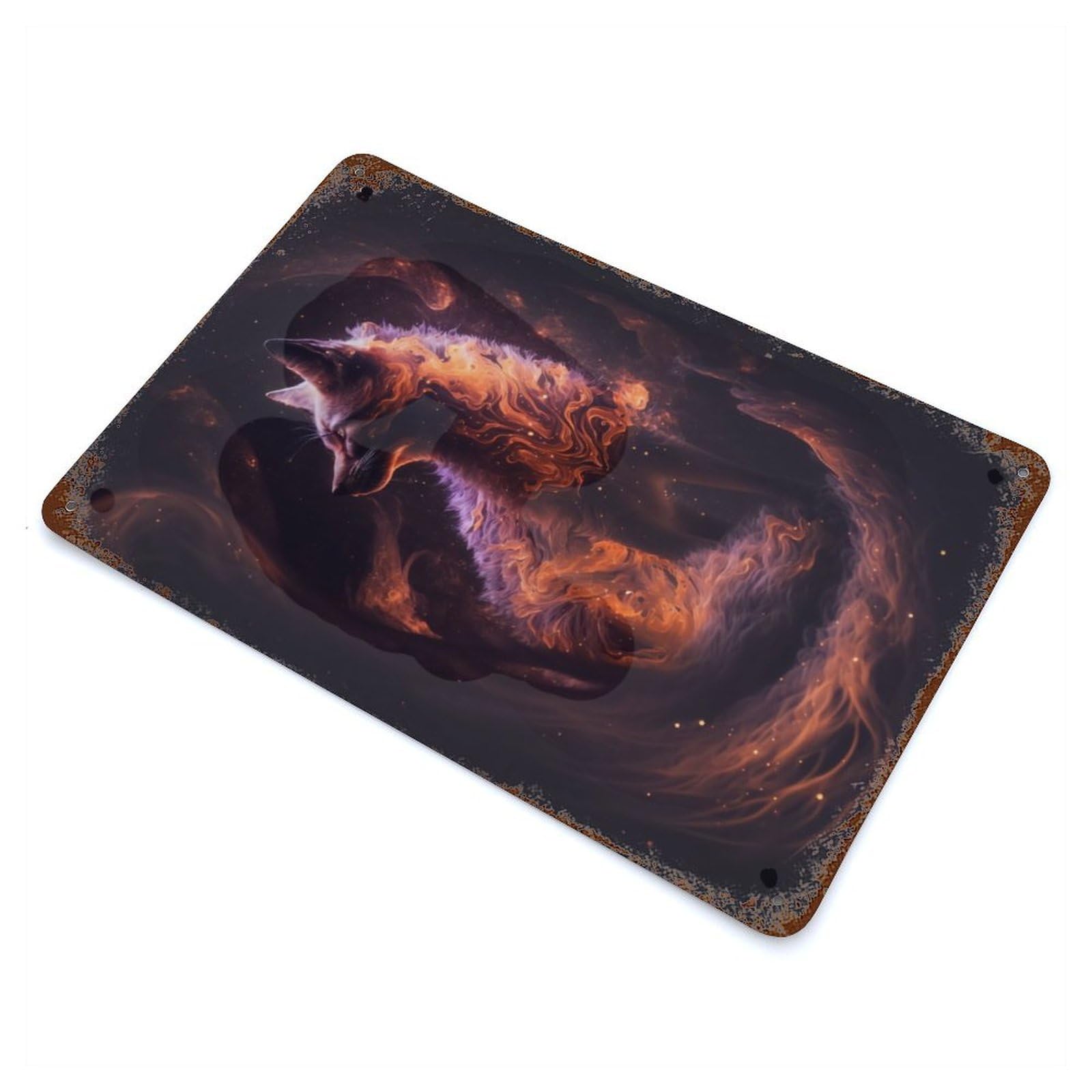 Distressed Metal Wall Sign with Nine Tailed Fox in Space Design 11.8"x7.9", for Office, Studio And Wall Decor, Industrial Home Decor