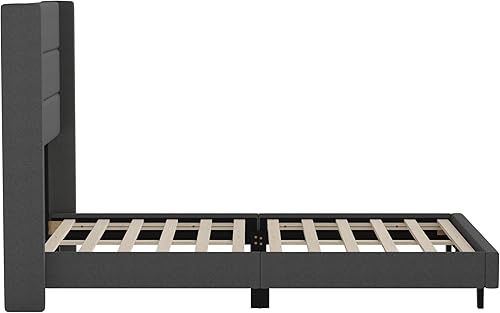 Miniatura 8 de EMMA + OLIVER Holt - Cama moderna tapizada de lino sintético cosido con canal de carbón con cabecera trasera y listones de soporte de madera no