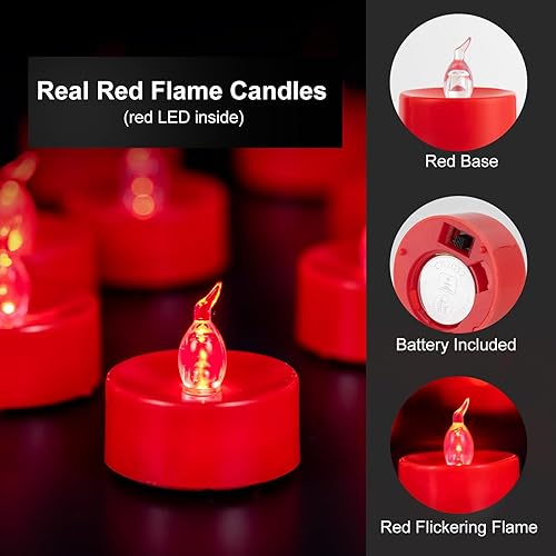Miniatura 4 de Windshell 24 velas de té con llama parpadeante roja real (LED rojo en el interior), velas LED que funcionan con pilas, velas pequeñas rojas sin