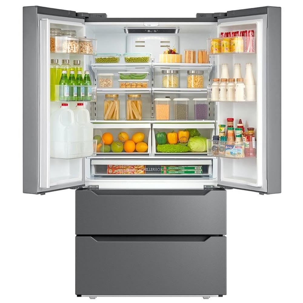Pemberly Row 22.5 cu. ft. 4-Door French Door Refrigerator, Stainless Steel Finish, Fingerprint Resistant, Built-in Ice Maker, LED Lighting, Adjustable Shelves, Energy Star, 35.8" W x 29" D x 69.88" H on Fridge.com