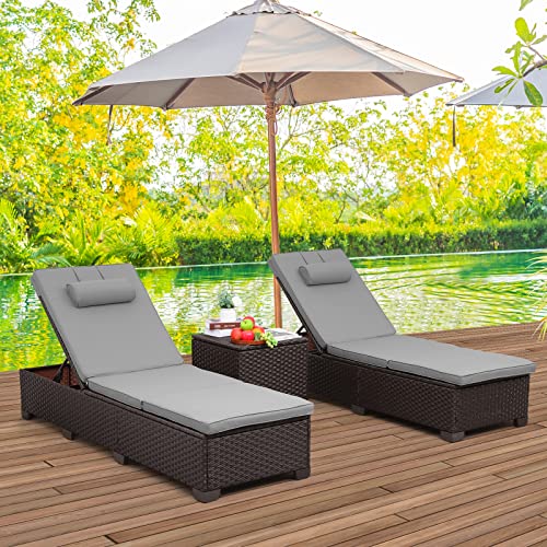 Outdoor Wicker Chaise Lounge, Patio Lounge Chairs, Brown Rattan Lounger Furniture Set of 3, with Adjustable Backrest, and Grey Cushions, for Outside Pool Outdoor Wicker Chaise Lounge, Patio Lounge Chairs, Brown Rattan Lounger Furniture Set of 3, with Adjustable Backrest, and Grey Cushions, for Outside Pool