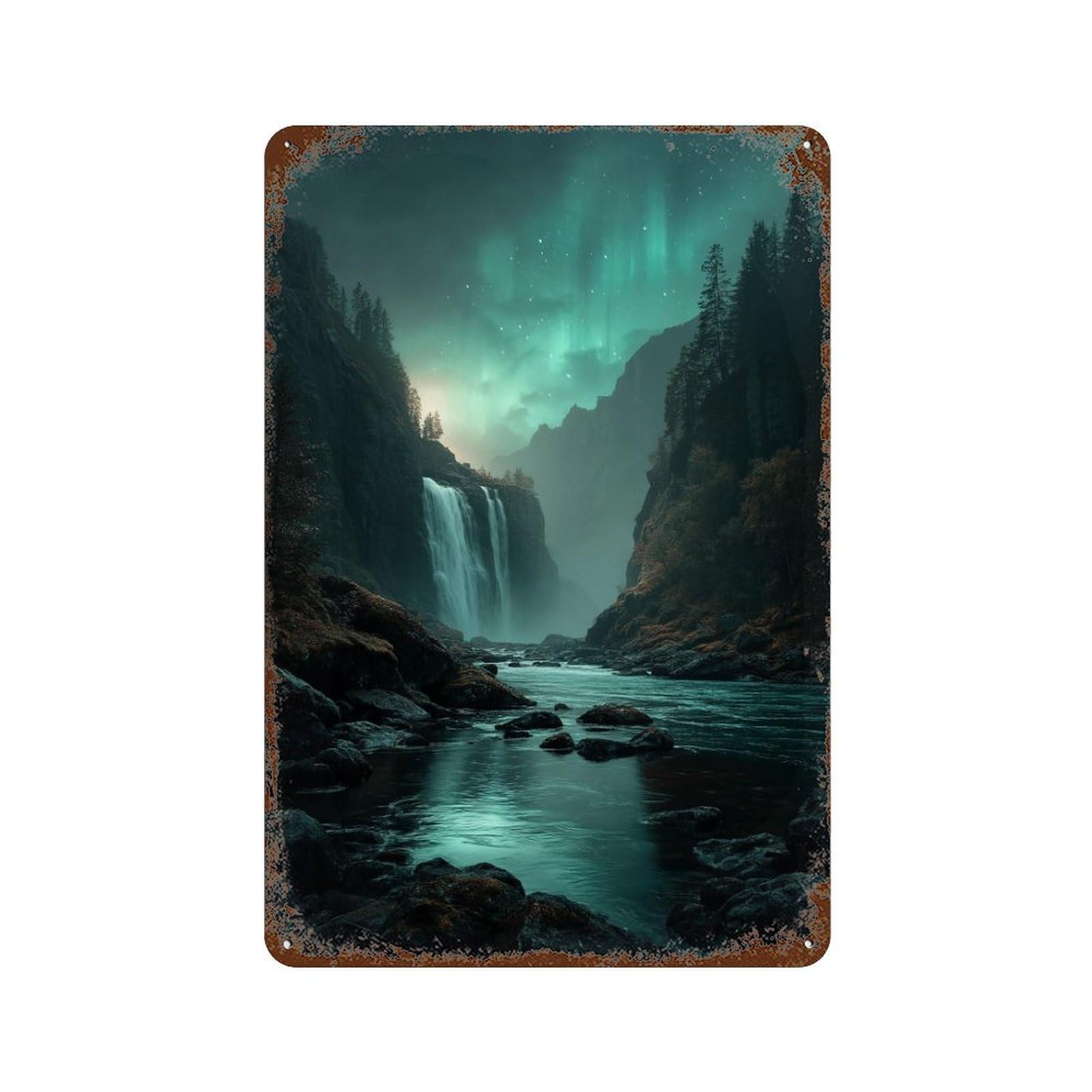 Vintage Rust Metal Sign Aurora Borealis Waterfall 11.8"x7.9", Novelty Wall Decor for Office, Studio And Wall Decor