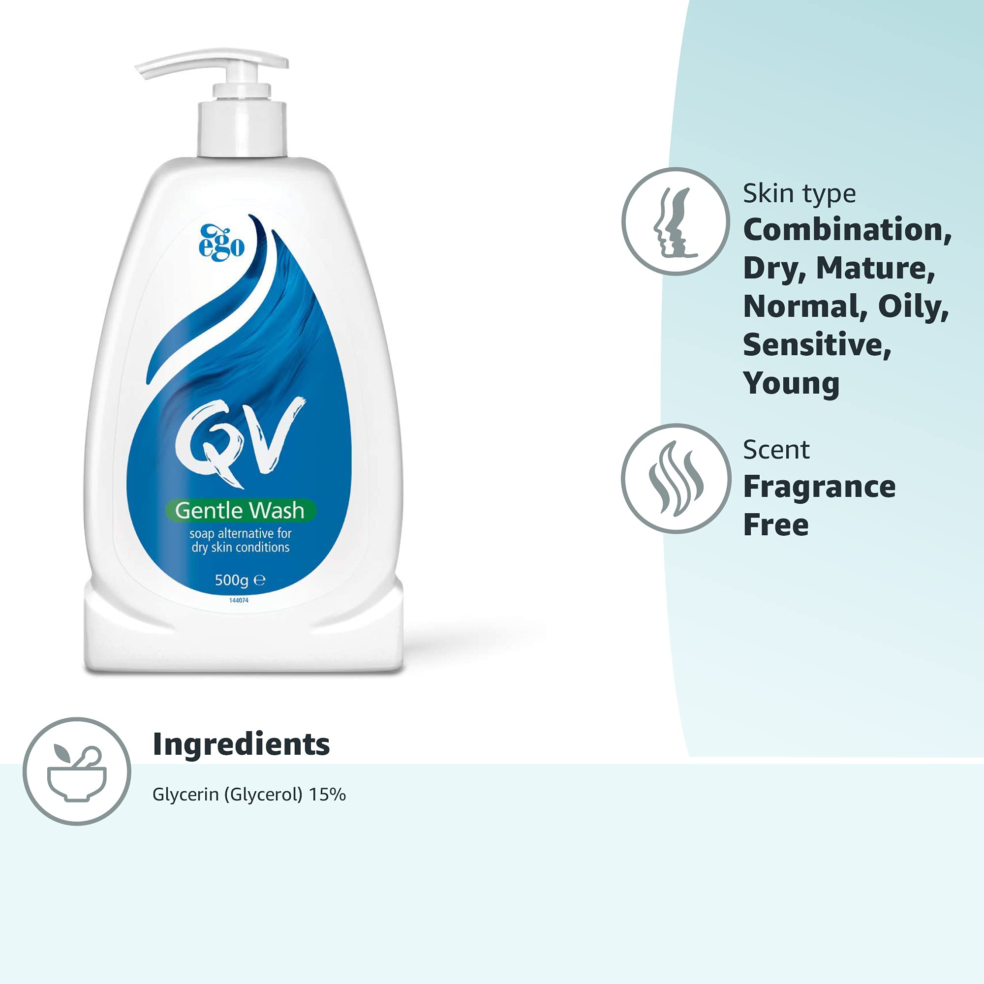 QV Gentle Wash 500g, SoapFree, Moisturising, Low Irritant, PH Balanced