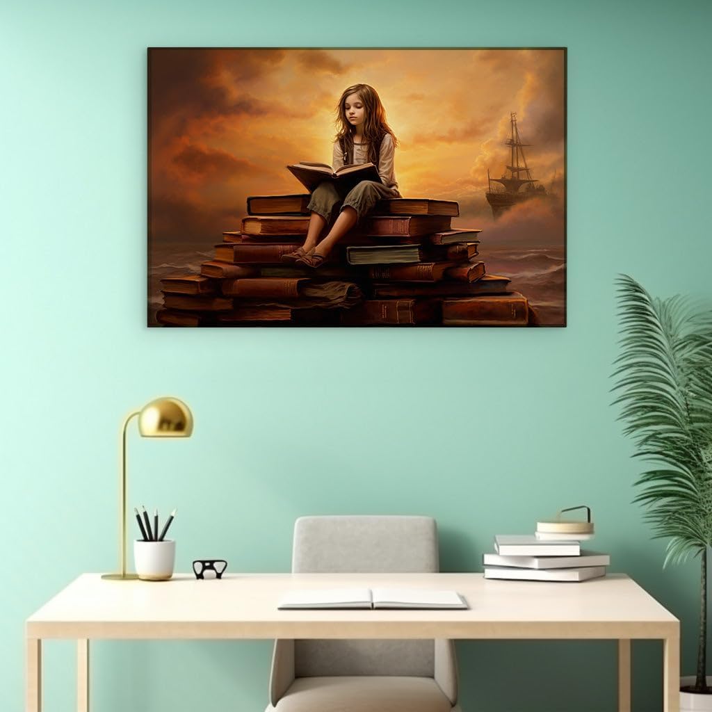 Canvas for Living room. Whimsical Heights: A Young Reader's Escape into Cloud-Cradled Adventures, 27 x 18 inch Canvas Wall Art - Vibrant Pops Of Color - Modern Home Decor - 69x46 cm (27x18 inch)