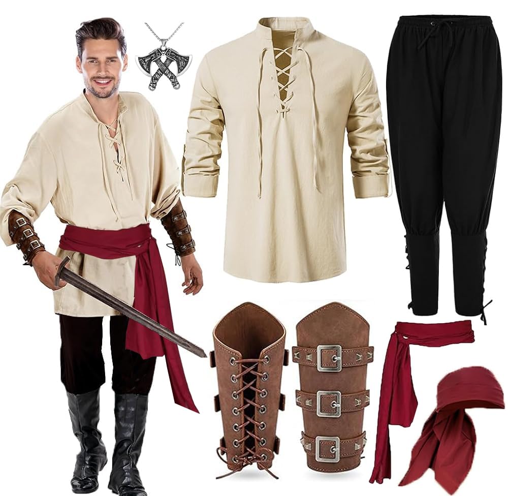 RANJIMA Juego de ropa medieval para hombre, disfraz renacentista, protector de muñeca, camisa de lino para hombre, camisa mediteredad, pantalones con cinta para la cabeza, cinturón, disfraz victoriano