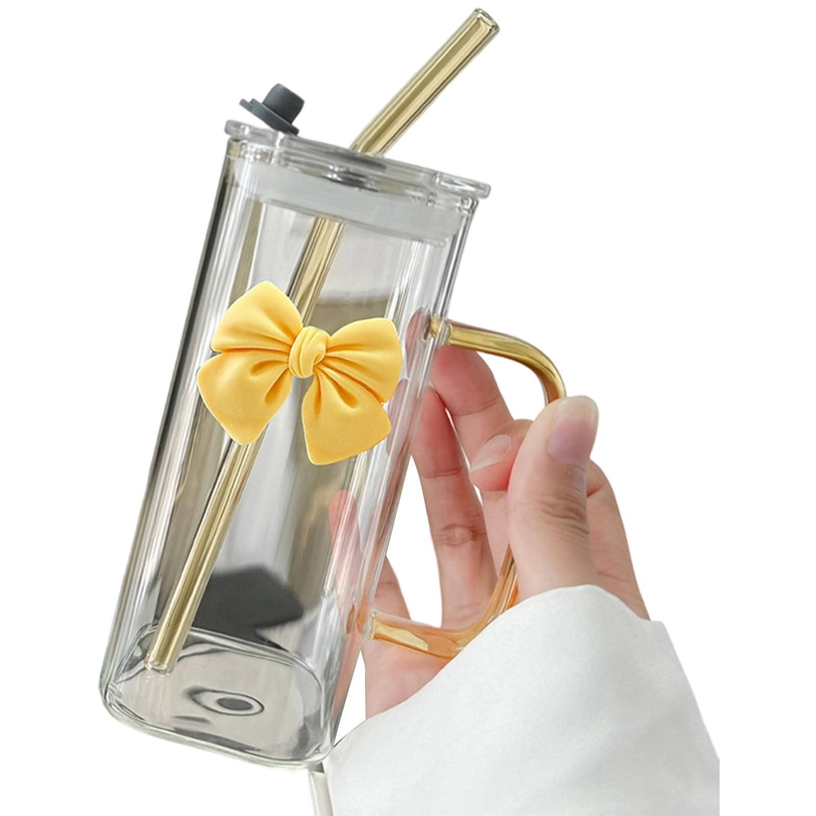 Jazuaiao Borosilicate Glass Tumblers with Handle and Leak Proof Lid Square Glass Straw Cup for Iced Coffee Tea Juices Milk Dishwasher Safe Cup