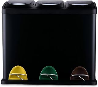 Relaxdays Mülleimer, 3 Fächer, 24 L, Fußpedal, Inneneimer, schwarz