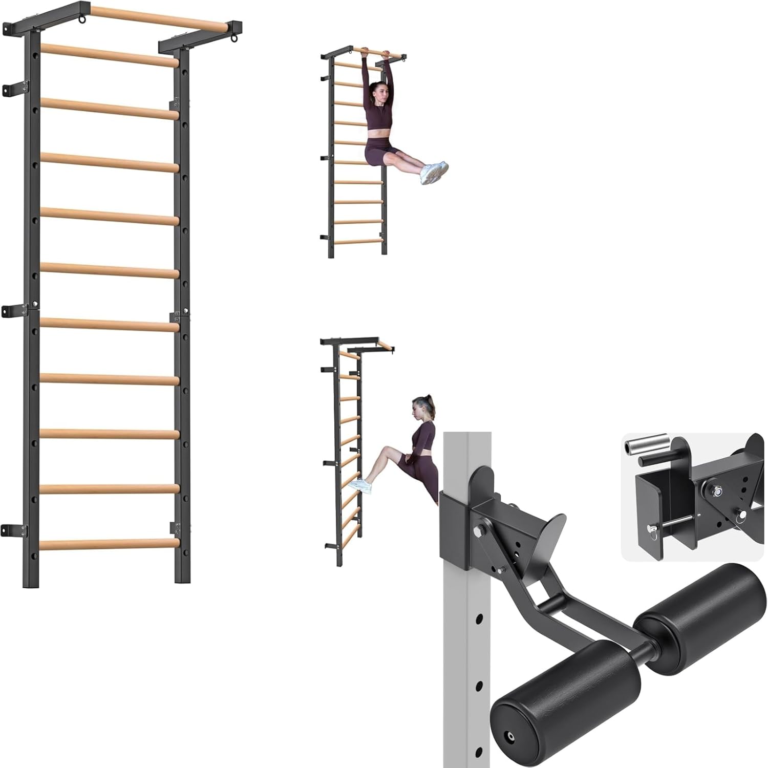 Wood Stall Bar & Nordic Hamstring Curl Attachment, 2"x2" Swedish Ladder with 1" Hole, Adjustable Leg Hold Down for Home Gym, Versatile Fitness Equipment for Strength Training