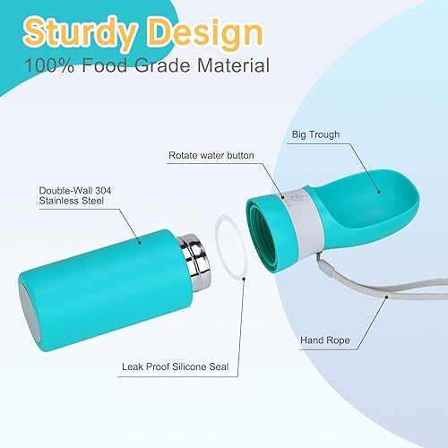 Miniatura 2 de Botella de agua portátil para perros, de acero inoxidable, 14 onzas, dispensador de agua para cachorros, a prueba de fugas, con alimentador para