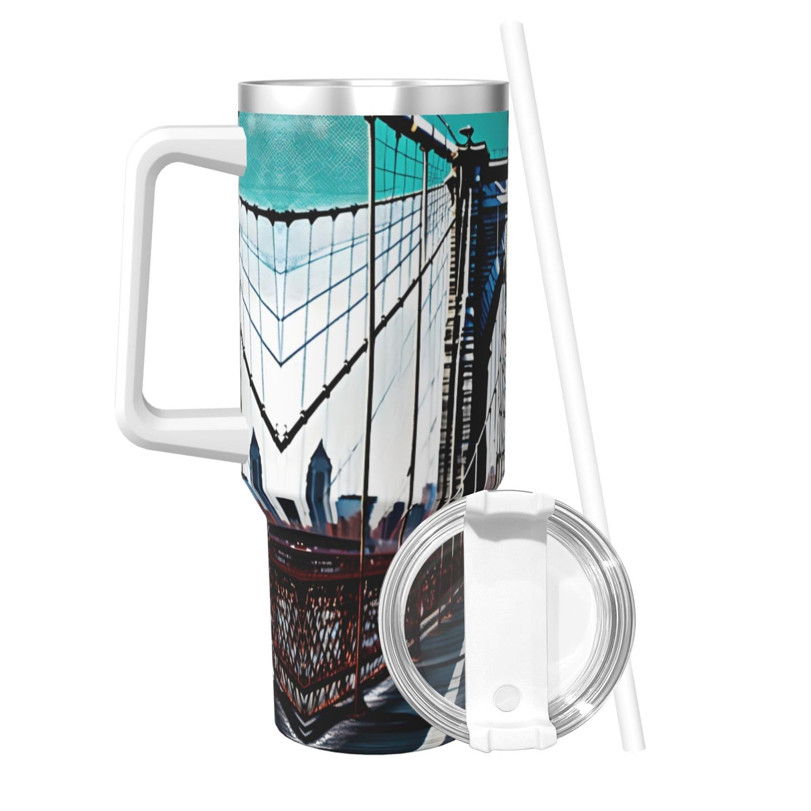 Brooklyn Bridge Wasserflasche aus Edelstahl, doppelwandig, isoliert, mit Griff und Strohhalm-Deckel, 1,2 l