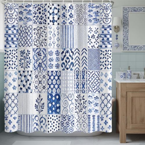 Fungarth Blue and White Tile Mosaic Print Shower Curtain 72 x 72 Inch