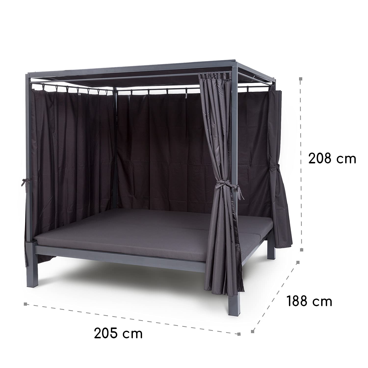 blumfeldt Senator Lounge - Doppel-Gartenliege mit Sonnendach, Lounge-Pavillon, 188 x 208 x 205 cm, komfortable Polsterung, Sichtschutz-Vorhänge, wasserfest, Stahlrahmen, max. 350 kg, grau