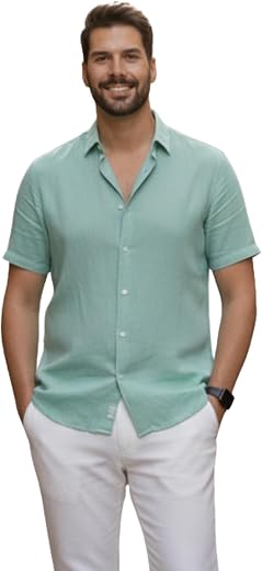 Glowic Men Linen Shirt Casual Regular Fit Solid Stylish Summer Wear Shirt for Office Party Beach Holiday Lightweight Breat...
