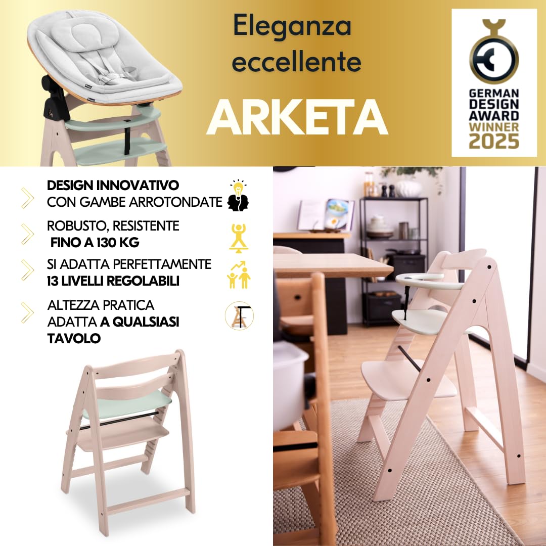 hauck Seggiolone Pappa Arketa Newborn Set Eco Bouncer – Seggiolone Evolutivo Legno Regolabile per Crescere insieme fin dalla Nascita, incluso Sdraietta Neonati e Cuscino (Faggio - Whitewashed Menta)