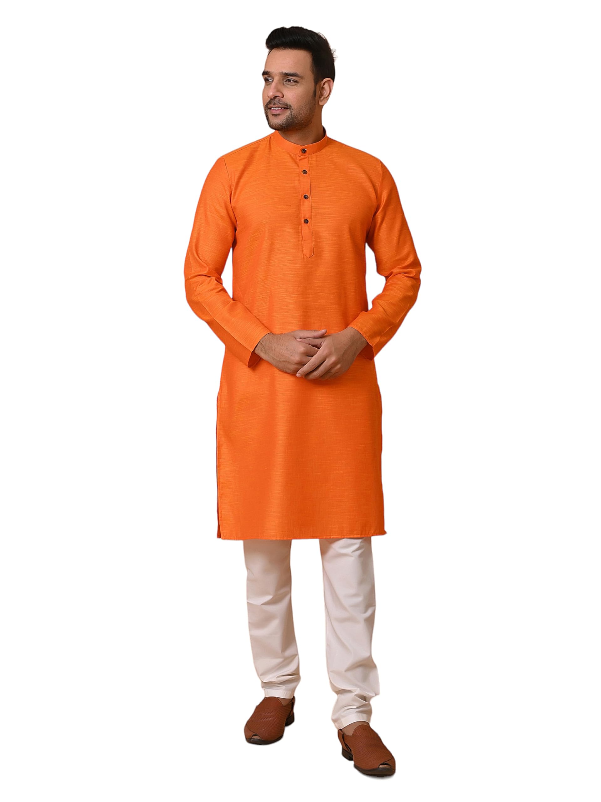 T-MOD Men's Cotton Blend Long Sleeves Mandarin Collar 2 Side Pocket Self Design Kurta