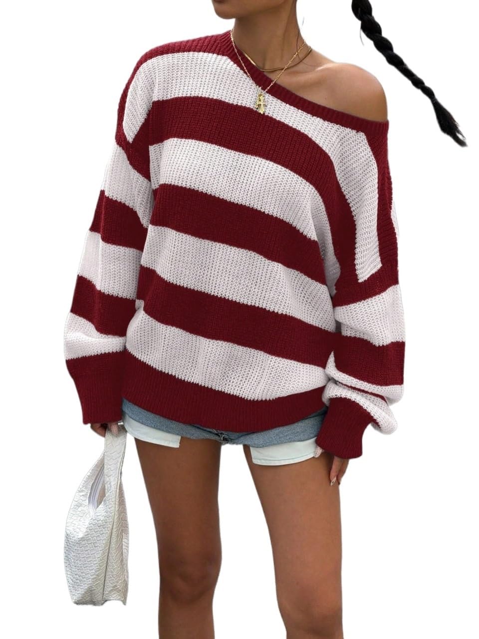 Womens Fall Long Sleeve Pullover Sweater Top Loose Drop Shoulder Striped Casual Sweaters Winter Teacher Outfits
