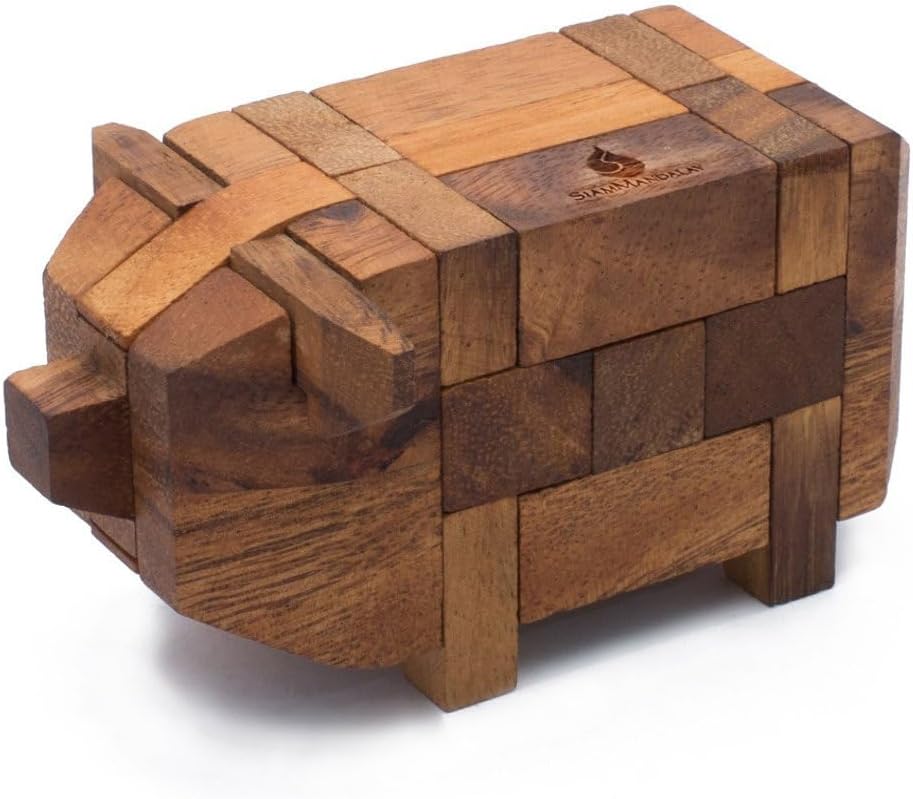 Wooden Kumiki Brain Teaser Puzzle for Adults – Handmade 3D Interlocking Wooden Puzzle Game – Classic Japanese Logic Puzzle – Mind Challenge Gift for Adults, Wooden Desk Toy & Decor (Pig)