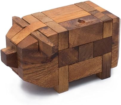 Wooden Kumiki Brain Teaser Puzzle for Adults Handmade 3D Interlocking Wooden Puzzle Game Classic Japanese Logic Puzzle Mind Challenge Gift for Adults, Wooden Desk Toy & Decor Pig