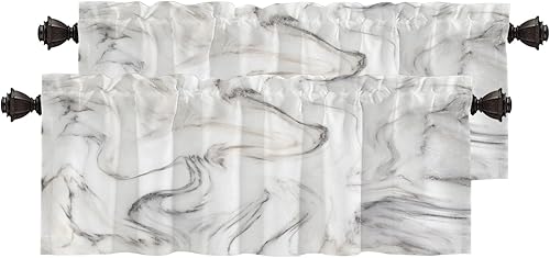 BaoNews Cenefas de cocina de mármol abstracto blanco y gris para ventanas, cenefas opacas con ondas curvas, cortinas de poliéster multicapa para