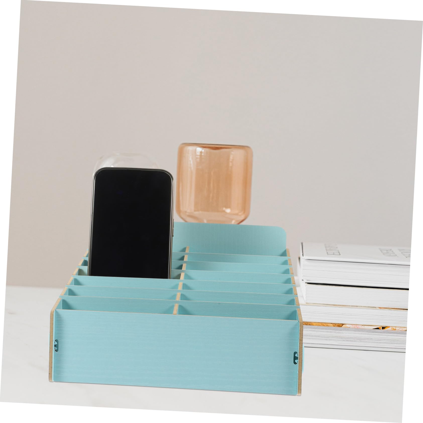PLAFOPE Scatola Porta Cellulare Organizer per Scrivania Scomparti Multipli in Legno Funzionale e Robusto Stile Rustico Semplice per Casa e Ufficio