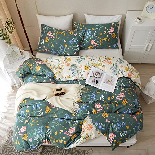 Image of PinkMemory Green and White Floral Duvet Cover King 100% Cotton Reversible Green and White Flower Pattern Bedding Set King with Pillowcases for Teens Adult Zipper Closure