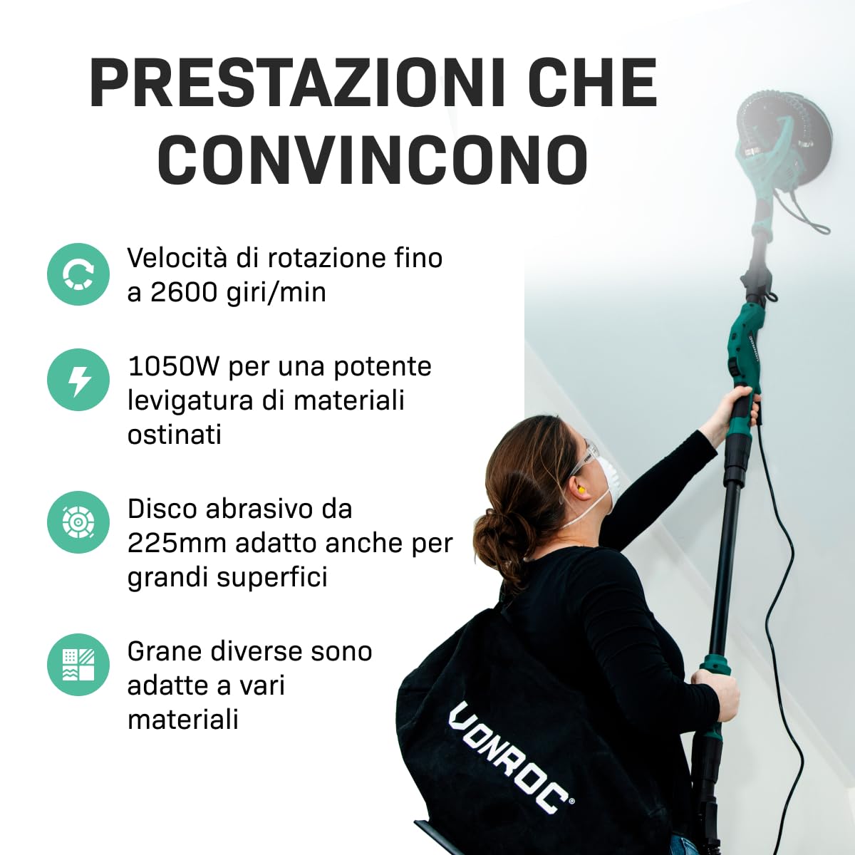 VONROC Levigatrice per Cartongesso Elettrica con Aspirazione – Manico Telescopico – Velocità Variabile – Per Pareti e Soffitti – Ideale per Fai‑da‑Te e Ristrutturazioni Domestiche