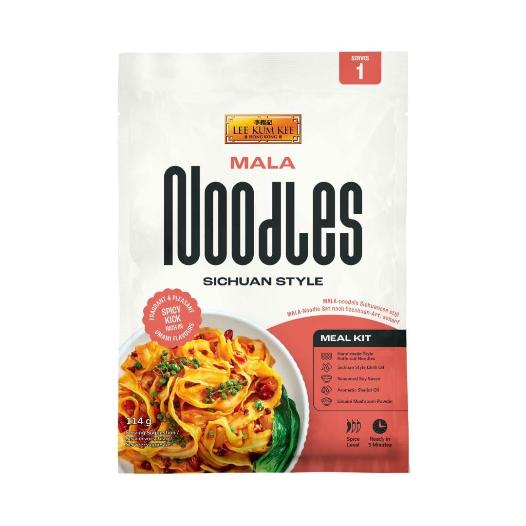 Lee Kum Kee Mala Noodle Kit 112 g Pack of 1, Ready in 5 Minutes, Sichuan Style, Handmade-Style Semi-Dried Knife-Cut Noodles with Numbing and Spicy Sauce