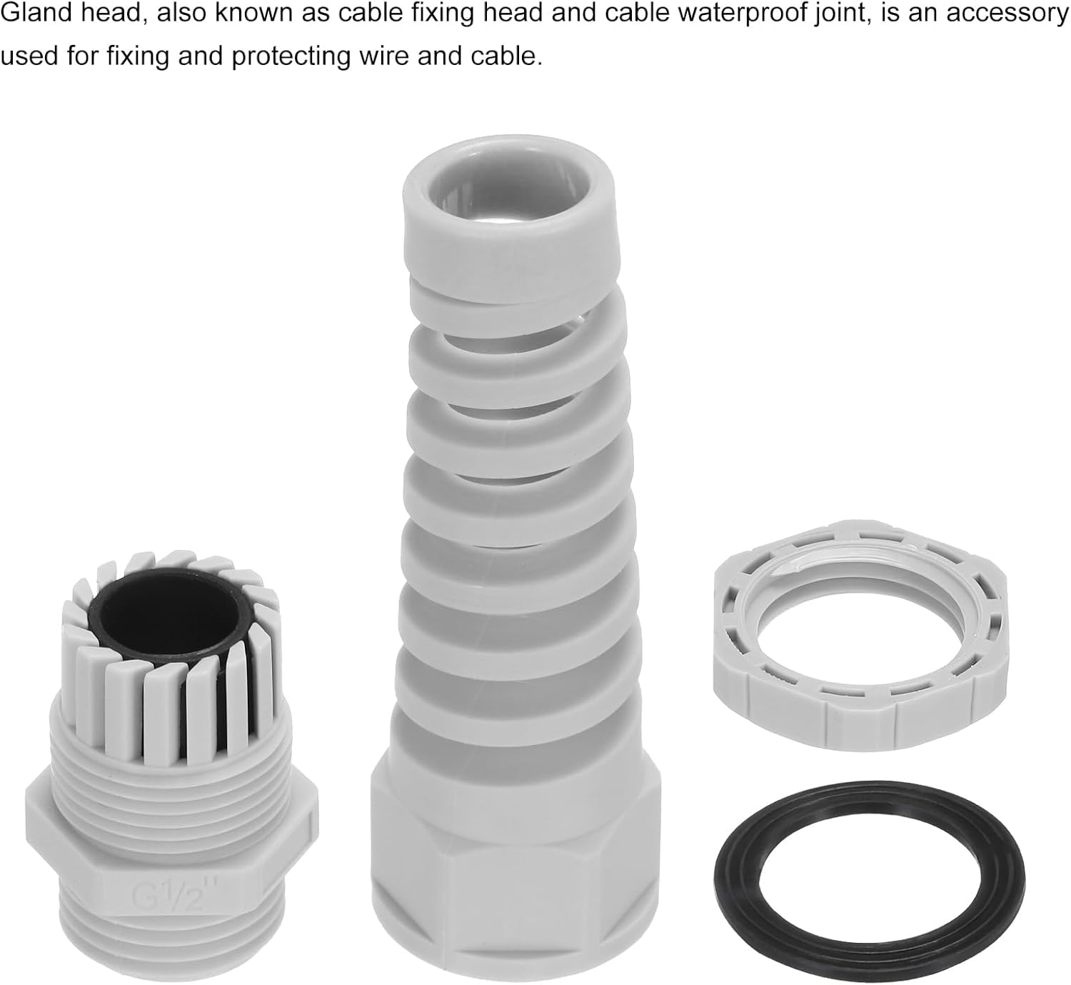 2Pcs G1/2" Cable Gland IP68 Waterproof 6—12mm Adjustable Strain Relief Cord Connector Spiral Nylon Joint Gasket for Cable Wire, White