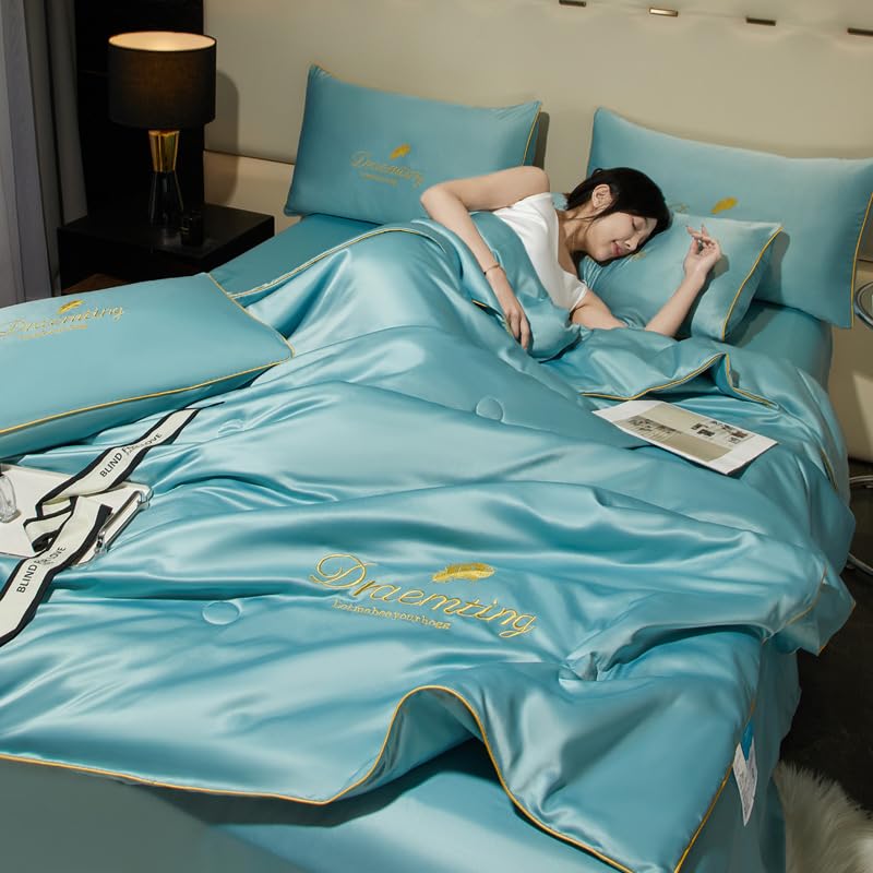 Ukisisi Dreamcity Summer Simple Ice Silk Quilt, Cool Ice Silk Blanket, Double Bedspread, Summer Cooling Comforter Cooling Quilt, Ice Blanket Blanket for Summer- light blue-set||180 * 220cm