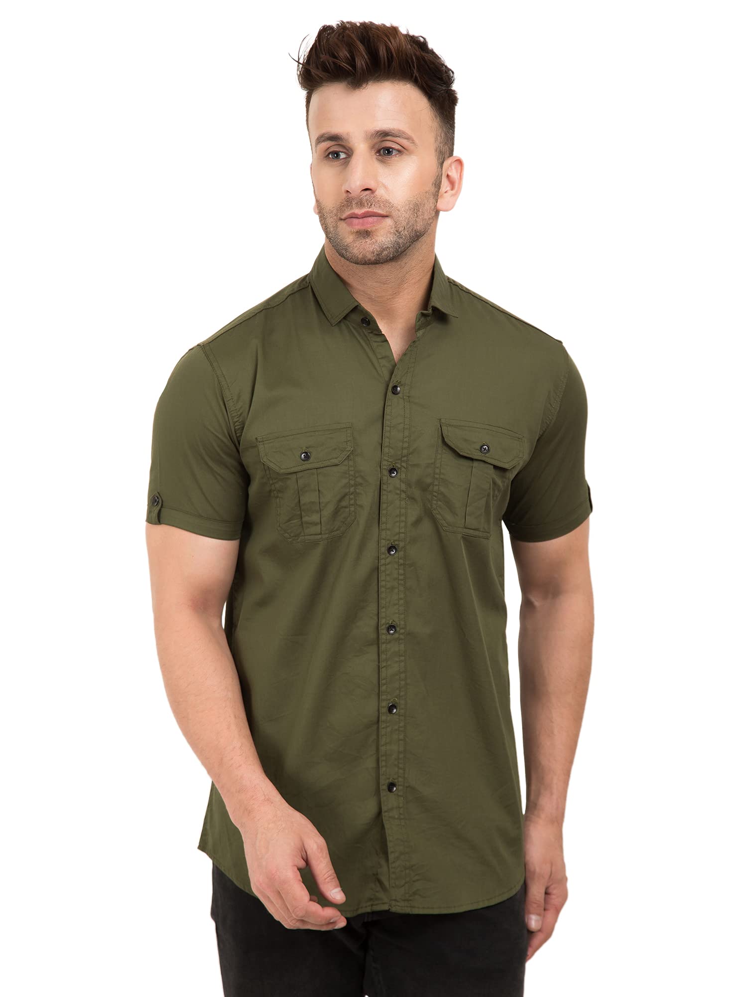 DEZANOMen's Half Sleeve Double Pocket,Spread Collar Casual Solid Cargo Shirt Beige