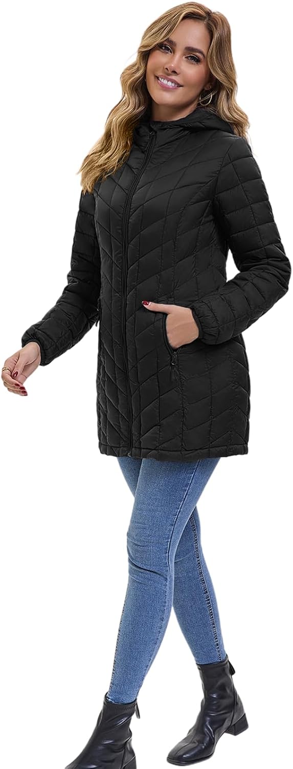 ZMC Women's Packable Puffer Jacket, Water-Resistant Hooded Puffer Jacket Lightweight Mid-Length Winter Puffer Coat - Image 3