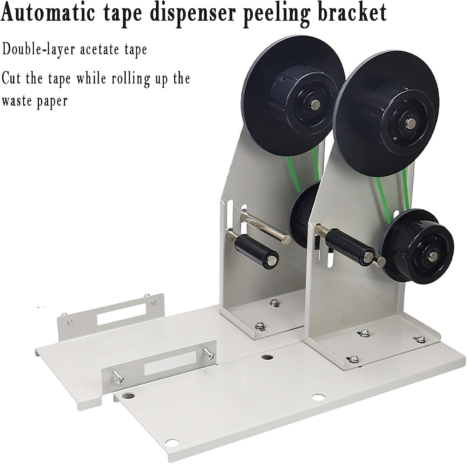 Staffa per dispenser automatico di nastro adesivo con sistema di spelatura e riciclo efficiente per un flusso di lavoro ottimale.