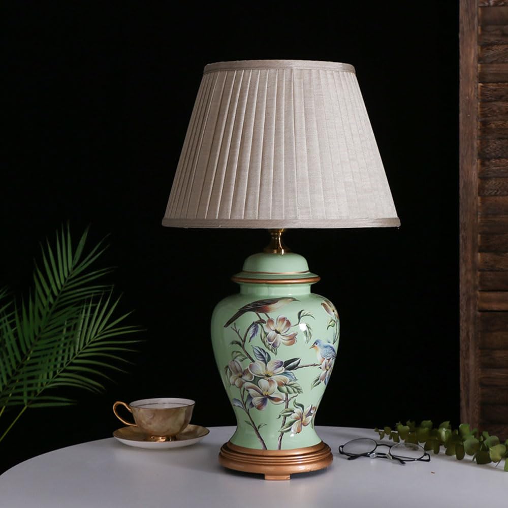 asdchZen Chinoiserie Ceramic Table Lamp, American Flower&Bird Bedside Lamp, Classic Fabric Lampshade Desk Nightstand Lamp For Bedroom Living Room Office College Bookcase-E,C