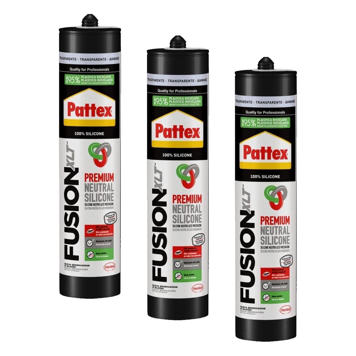 Pattex Sigillante Silicone Neutro, Pattex Fusion XLT, per il Contatto Indiretto con gli Alimenti e per la Resistenza ad Agenti Chimici Disinfettanti, Sigillante Trasparente, Cartuccia da 300 ml