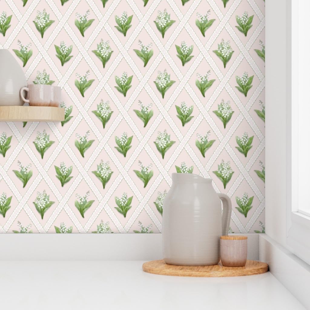 Peel & Stick Wallpaper 3ft x 2ft - Blush Floral Botanical Lily of The Valley Lattice Garden Party Springtime Granny Chic Cottagecore Custom Removable Wallpaper by Spoonflower